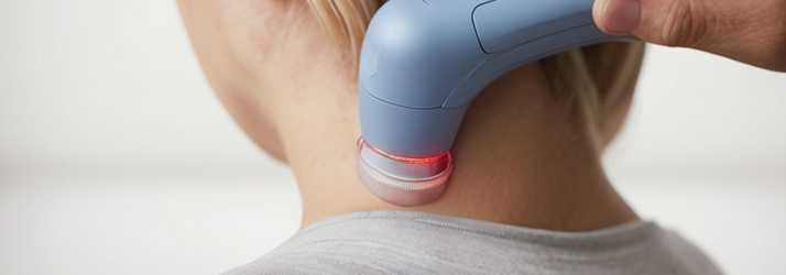 A cold laser therapy device applies low-level laser light to a patient’s lower back in a chiropractic clinic. The red light penetrates the skin, promoting cellular regeneration, reducing inflammation, and relieving pain. This non-invasive treatment is commonly used for back pain, arthritis, and herniated discs.